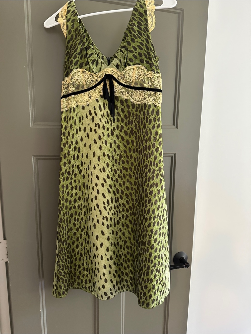 Miss Sixty Olive Green Animal Print Lace-Trim Dress
